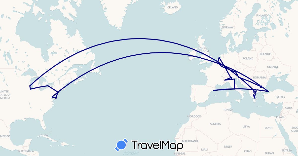 TravelMap itinerary: driving in Austria, Belgium, Bulgaria, Germany, Spain, United Kingdom, Greece, Italy, Luxembourg, Netherlands, Slovenia, Turkey, United States (Asia, Europe, North America)